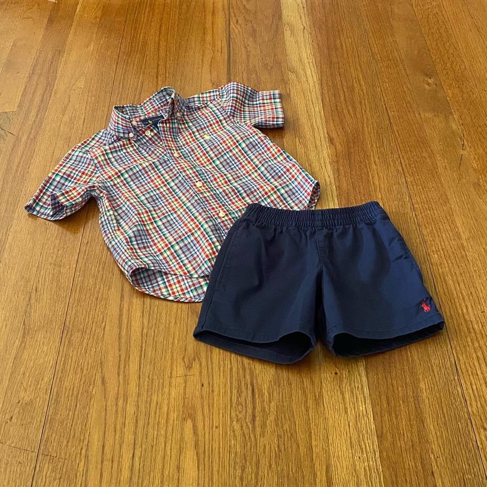 Ralph Lauren Kids Plaid Shirt and Navy Shorts Set